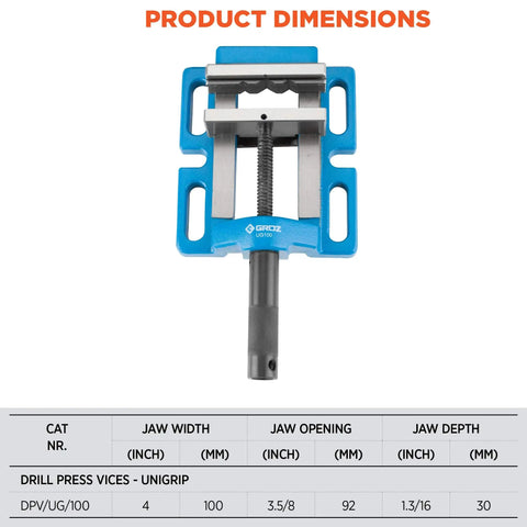 Pro Grade Cast Iron Drill Press Vise With 4 Inch Jaws And Precision Ground Base top view showing dimensions and features.