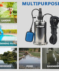 1HP 3000 GPH Stainless Steel Submersible Clean Water Transfer Pump Heavy Duty With Float Switch for multipurpose use in pools, gardens, ponds, basements.