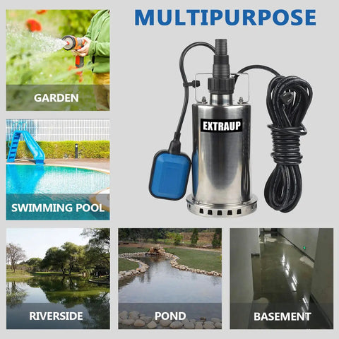 1HP 3000 GPH Stainless Steel Submersible Clean Water Transfer Pump Heavy Duty With Float Switch for multipurpose use in pools, gardens, ponds, basements.