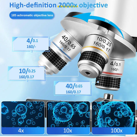 Kid Friendly For All Ages 40x To 2000x Microscope With Phone Adapter And Slides Set For School, Lab And Home Education close-up objective lenses