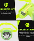 Close-up of yellow Underwater Dive Headlamp With IPX8 Waterproof, Rechargeable Scuba Light, focus on battery and silicone headband.