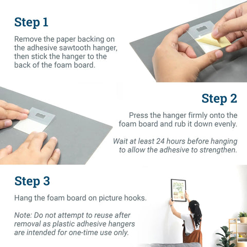 Person applying damage free picture hanger strips 10 pack for walls no nails holds up to 3 lbs for photos onto foam board.