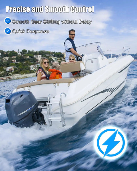 Family on boat using 10Foot Throttle And Shift Remote Control Cable For Outboard Engines Smooth Precise Acceleration And Quick Shifts