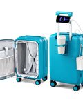 Expandable 20 Inch Carry On Luggage With Top Opening Design Caribbean Blue Hard Shell Roller Suitcase Lightweight 8.8 Lb Expands From 44L To 52L Airline Approved For Overhead Bins Cup Holder Included