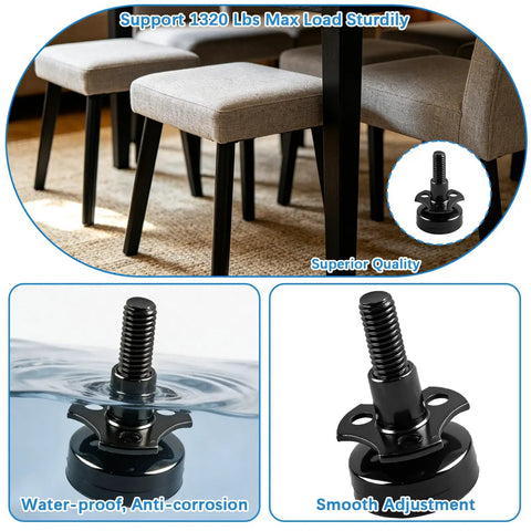 Heavy Duty Furniture Levelers 12 Pack Adjustable Leveling Feet With T Nut Kit For Tables Cabinets Sofas Ridiculously Solid Large Base Backs Up 2640 Pounds Stops Every Wobble Cold, black leveler in use under a chair.