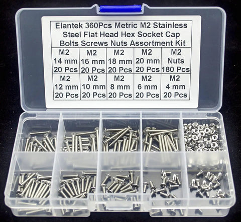 Open box of 360 Pcs Metric M2 304 Stainless Steel Flat Head Hex Socket Cap Bolts Screws Nuts Set M2 to 20mm Assortment Kit for DIY