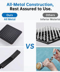 Comparison of all-metal shower head vs. inferior material with handheld and installation shown.