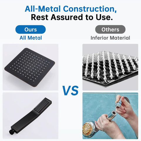 Comparison of all-metal shower head vs. inferior material with handheld and installation shown.