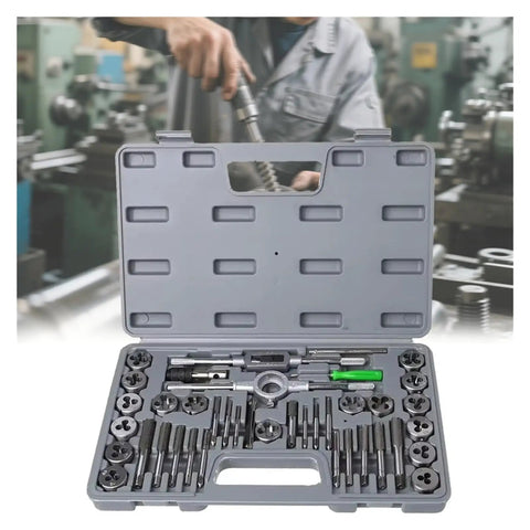 Top Notch 40 Piece Hand Tap Die Thread Kit With Storage Case Featuring Plug Taps And Wrench For DIY Screw Threading And Repairing Holes Like A Pro. open gray case with tap and die set