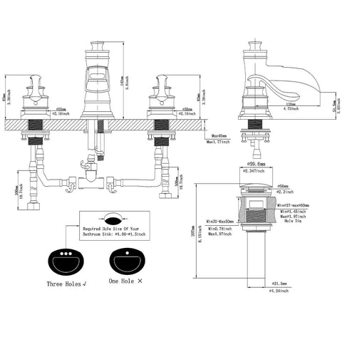 Technical diagram of Widespread 8 Inch Two Handle Bathroom Faucet With Pop Up Drain Assembly Waterfall Style Oil Rubbed Bronze Finish Farmhouse Sink Faucet For 3 Hole Setup No Drip Solid Brass Construction