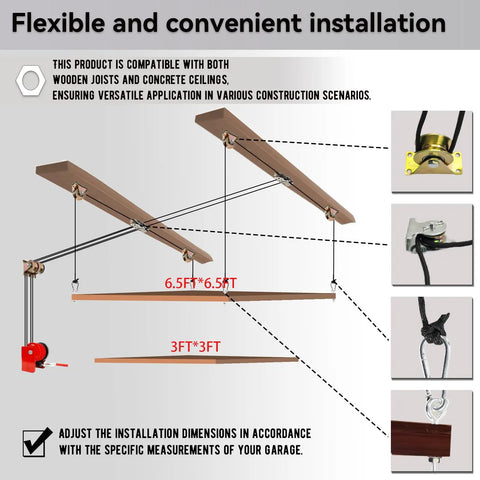 Adjustable Overhead Garage Storage Lift With Hand Crank Heavy Duty Ceiling Hoist System 300 Lb Capacity installation diagram