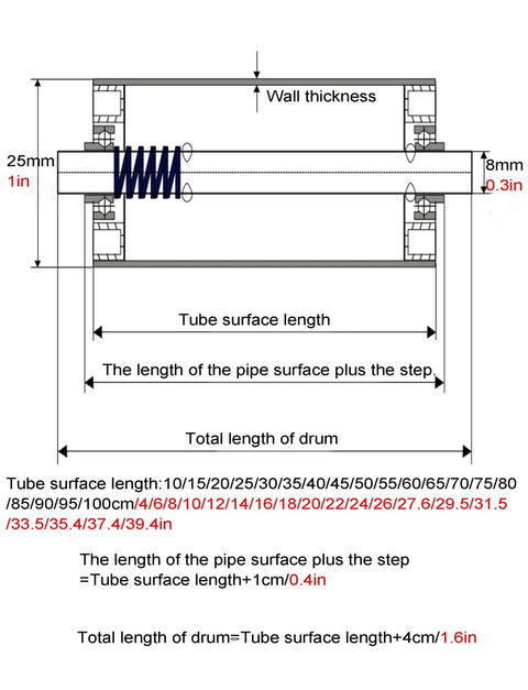 Technical diagram of heavy duty built to last stainless steel conveyor roller 1 inch diameter 550mm long unpowered replacement slide roller.