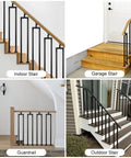 Three Pack 36 Inch Square U Shape Matte Black Metal Stair Balusters With Adjustable Top Bracket For Interior Wood Handrail in indoor and outdoor settings.