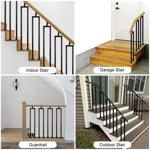 Three Pack 36 Inch Square U Shape Matte Black Metal Stair Balusters With Adjustable Top Bracket For Interior Wood Handrail in indoor and outdoor settings.
