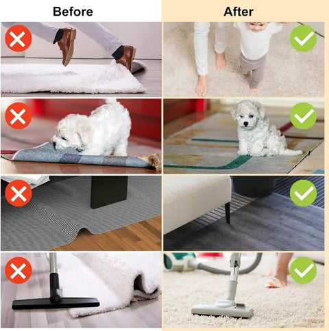 Before and after comparison using 16 Pack Rug Corner Grippers For Hardwood Floors Keep Rugs From Sliding Down, Non Slip Under Rug Tape For Wood Floors, No Damage, Washable Adhesive, Residue Free, Reusable Rug Stickers For Area Rugs; shows secure rugs preventing slips by children and pets on hardwood floors.
