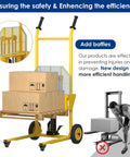 Yellow steel hydraulic material lift dolly with pallet forks and wheels, lifting a cardboard pallet.