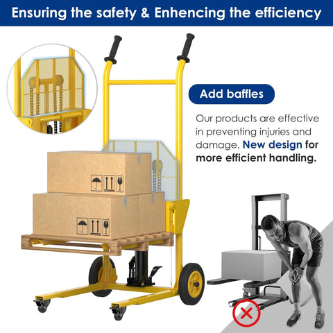 Yellow steel hydraulic material lift dolly with pallet forks and wheels, lifting a cardboard pallet.