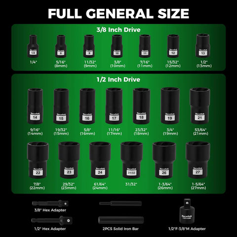 Heavy Duty Impact Bolt And Nut Extractor Kit 25 Pcs with 3/8 Inch and 1/2 Inch Drive Remover Sockets Metric 8-27Mm sizes displayed