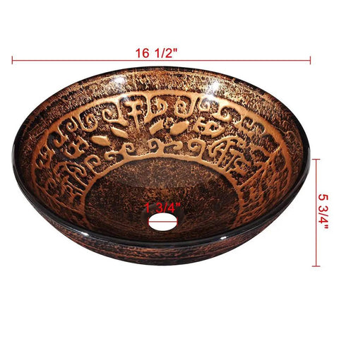 Tempered Glass Bathroom Vessel Sink Round Antique Totem Pattern Above Counter Lavatory Vanity Bowl For Arts And Crafts Style Bath