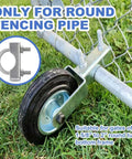 Heavy Duty Gate Wheel For Metal Swing Gate Smooth Rolling Lift With Lock On Non Slip Grip And Built Like A Tank Serrated Mount For Round Pipe Frames In 2 Pack Silver installed on round fencing pipe, featuring rubber wheel and clamp.