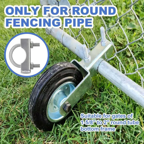 Heavy Duty Gate Wheel For Metal Swing Gate Smooth Rolling Lift With Lock On Non Slip Grip And Built Like A Tank Serrated Mount For Round Pipe Frames In 2 Pack Silver installed on round fencing pipe, featuring rubber wheel and clamp.