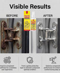 Heavy Duty Rust Remover And Anti Rust Lubricant Spray Doing The Heavy Lifting On Stuck Chains And Gears While Clearing Gunk And Leaving Zero Mess Behind For Tight Spots Anytime You Gotta Fix Something. Before and after showing rusted and clean door hinge.