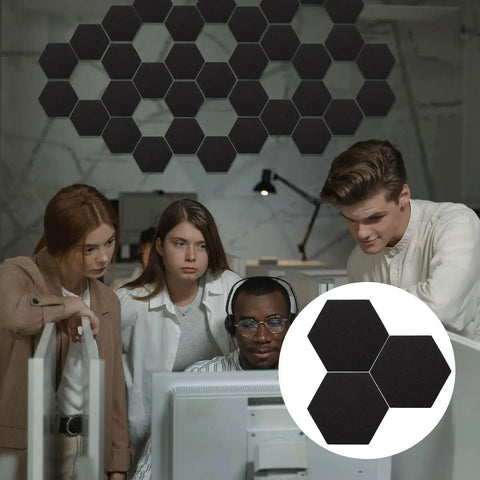 Solid Heavy Duty Hexagon Acoustic Foam Panels mounted in a studio setting, perfect for noise blocking and sound proofing.