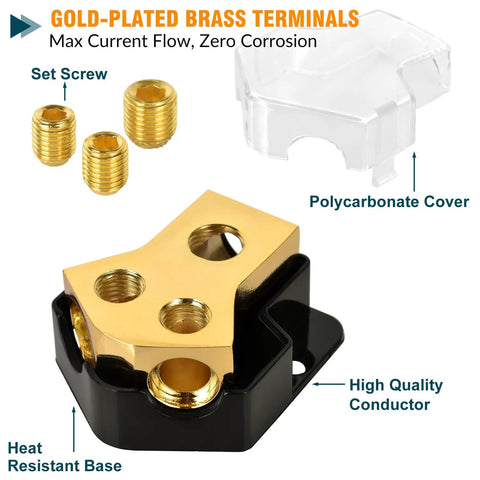 12V Power Distribution Block 2 Way Ground Splitter For Car Audio With Protective Cover And Beefy Gold Plated Brass Terminals Handles 0 2 4 Gauge Input To 4 8 10 Gauge Output Heavy Duty Ground Block For Automotive Marine Boat Truck, gold terminals and cover
