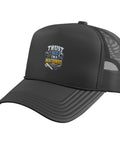 Cool Black Machinist Trucker Hat With Adjustable Mesh Back, Vise Gauge Square Design For CNC Tool Guys, Five Panel Cap side view with logo