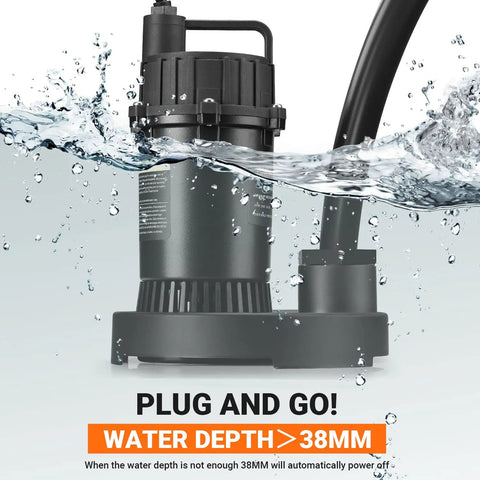Half HP Submersible Sump Pump With 3300 GPH Flow And 27.7 Ft Lift submerged in water showing plug-and-go feature