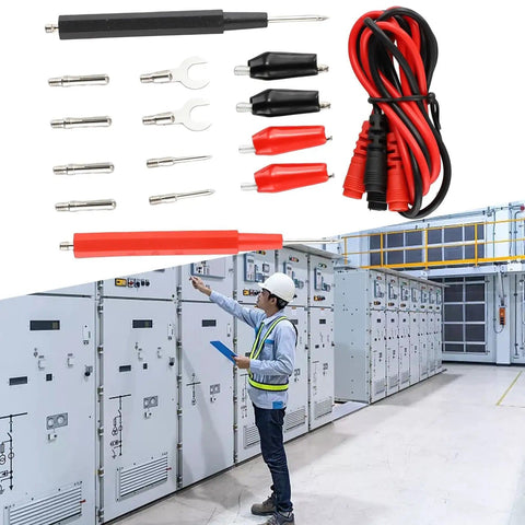 Digital Multimeter Probe Kit With 16 Piece Needle Tip Probes Insulated Clips And Test Pens For 4mm Meters in use at power facility.