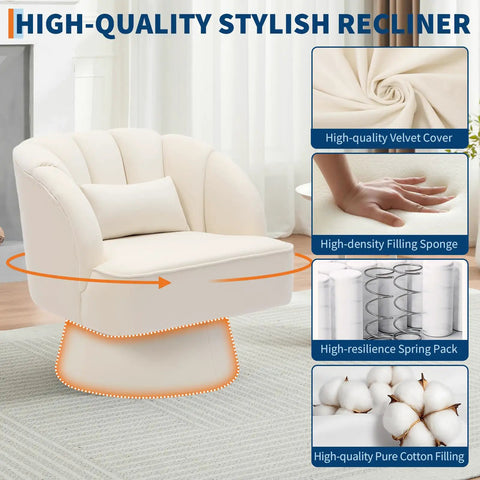 Velvet Swivel Barrel Chair with plush padding and striped backrest, showcasing beige velvet, cushion, spring pack, for small spaces.