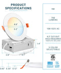 Product specifications for Six Pack 4 Inch Dimmable Ultra Thin LED Recessed Ceiling Light with junction box and color options.