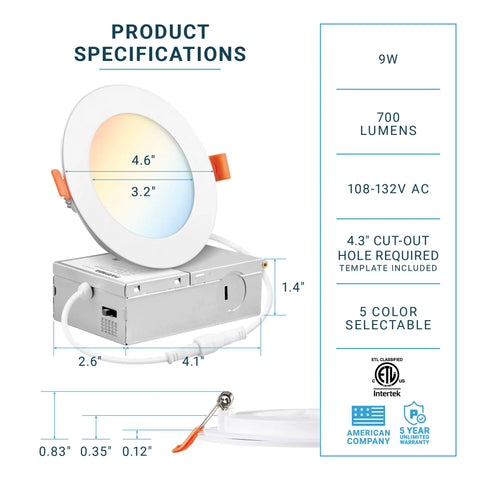 Product specifications for 16 Pack 4 Inch Dimmable LED Recessed Lights With Junction Box And 5 CCT Switch 2700K To 5000K 9W Ultra Thin