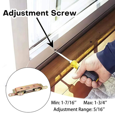 Two Pack Sliding Door Rollers For Sliding Glass Patio Doors Replacement Roller Assembly One And A Quarter Inch Steel Ball Wheel Bearing Side Adjustable Heavy Duty Easy Install shown with adjustment being made with screwdriver.