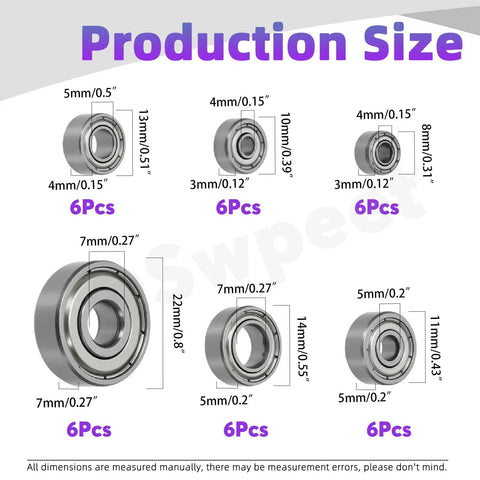 Diagram of six ball bearing sizes in the Ultimate Six Sizes Ball Bearings Kit With 36 Pieces 693ZZ 623ZZ 624ZZ 685ZZ 687ZZ 627ZZ