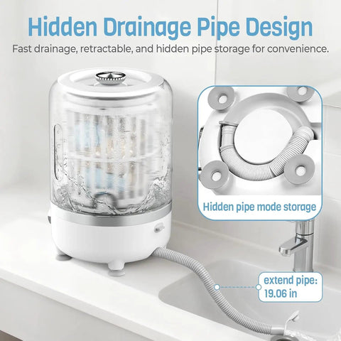 Grab And Go Portable 3 Liter Mini Washer Cordless With Rapid Spin Basket showing hidden drainage pipe design for easy use.