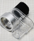 Dust Shoe For CNC Router 52mm Spindle Motors Clear ABS Shield, silver fitting, black brush on patterned background