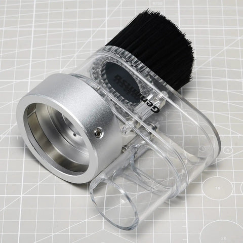 Dust Shoe For CNC Router 52mm Spindle Motors Clear ABS Shield, silver fitting, black brush on patterned background