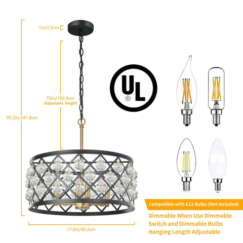 17.8 Inch Crystal Chandelier Pendant Light With Large Round Black Metal Frame And Crystal Ball Orbs, Modern Vintage Vibe With Gold Accents