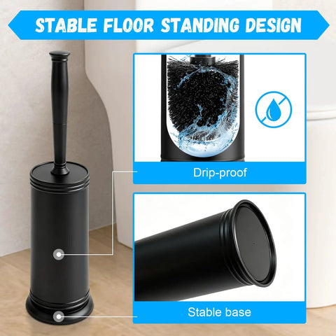 Long Handle Plastic Toilet Brush With Covered Holder Drip Free Stable Base And Hard Bristles Low Profile Bathroom Cleaner Set