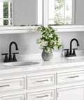 Pair of bathroom faucets, Hurran matte black 4-inch centerset with dual handles, pop-up drain and two supply hoses.