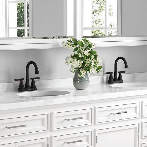Pair of bathroom faucets, Hurran matte black 4-inch centerset with dual handles, pop-up drain and two supply hoses.