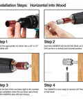 Installation steps for Sidewinder Screw Anchor For Wood Mounting, Horizontal Install, Zinc Plated Steel, shown with drill and wood.