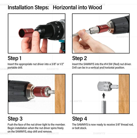 Installation steps for Sidewinder Screw Anchor For Wood Mounting, Horizontal Install, Zinc Plated Steel, shown with drill and wood.