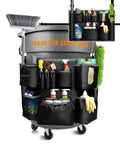 Heavy Duty Trash Can Caddy Apron For 32-55 Gallon Bins With Pro Grade Nylon Organizer And Adjustable Straps Commercial Cleaning Supplies Holder For Janitorial Duties Quick Install And Secure Fit attached to a large trash bin holding various cleaning supplies.