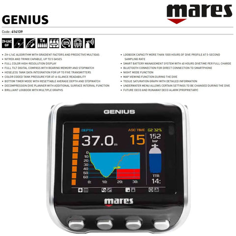 Genius Scuba Dive Computer With Ergonomic Wrist Mount Built For Everyday And Technical Dives displaying real-time data screen.