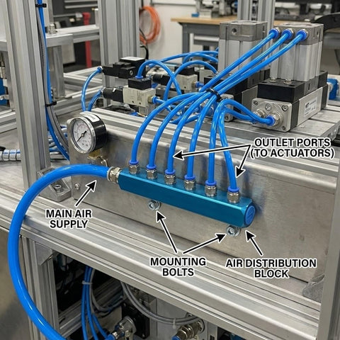 Two Way Five Port Pneumatic Manifold With G1 Quarter Ports For High Flow Air Distribution, Built Tough Durable 61 Millimeter Length