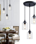 Three Light Pendant Lighting Fixture For Kitchen Island And Dining Area With Adjustable Cords And Glass Shades In Black Finish