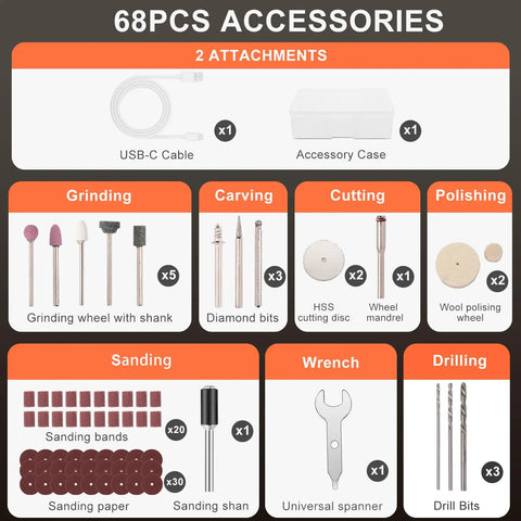 Image showing 68-piece accessory set for Cordless Rotary Tool Kit With Five Speed Settings 3.7V Mini Grinder Led Front Light.